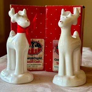 Set of 2 Reindeer Candleholders in box Treasure Craft Vintage 1986 Comet & Cupid
